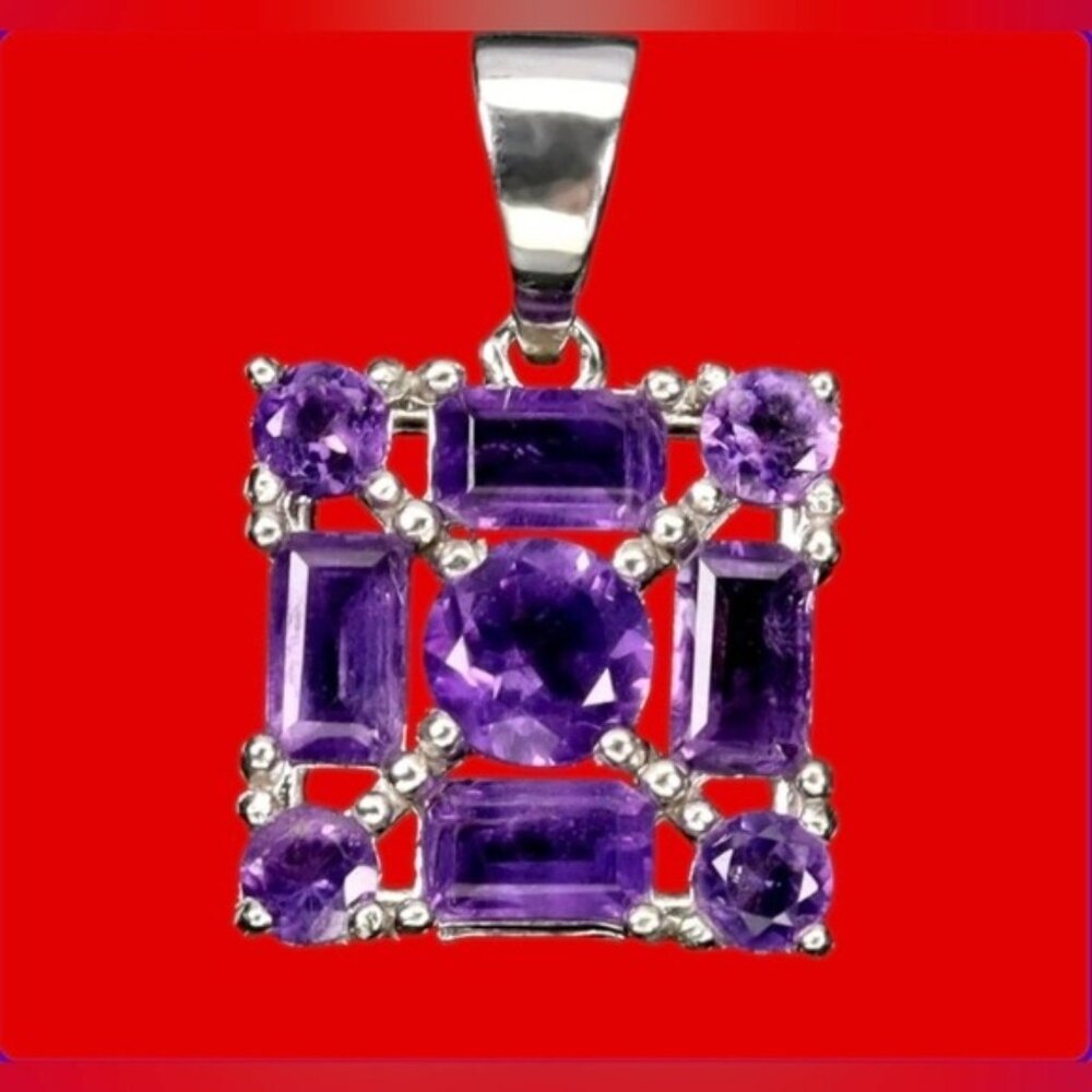 925 Sterling Silver Pendant 12x12mm with Natural Amethyst Gemstones